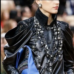 CHANEL 18K Black Leather Woven Faux Pearl Gold CC Stud Earrings